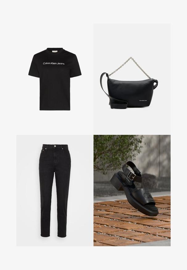 Schwarzes Baumwoll-T-Shirt mit Rundhalsausschnitt und kurzen Ärmeln, auf der Brust mit dem weißen Schriftzug "Calvin Klein Jeans" versehen.; Schwarze hoch geschnittene Slim-Fit-Jeans mit Frontknopf, Gürtelschlaufen und Fünf-Taschen-Design auf weißem Hintergrund.; Schwarze Leder-Sandale von Calvin Klein mit Knöchelriemen und Schnalle, schwebt über einem Boden aus Holz und Steinplatten im Freien.; Calvin Klein Jeans SCULPTED ROUND CHAIN - Umhängetasche - black