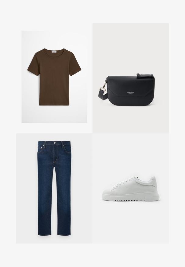 T-shirt uni manches courtes vert olive à col rond avec col en côte et étiquette visible Marc O’Polo Denim à l’intérieur du col.; Jean droit bleu foncé avec cinq poches, fermeture par bouton et coutures orange visibles.; Baskets blanches avec une tige en cuir texturé, bout rond et lacets. Semelle en caoutchouc blanc épaisse avec un motif de traction texturé.; Sac bandoulière en cuir noir Emporio Armani avec fermeture à rabat et sangle réglable, logo embossé et texte Milano 1981 à l'avant.