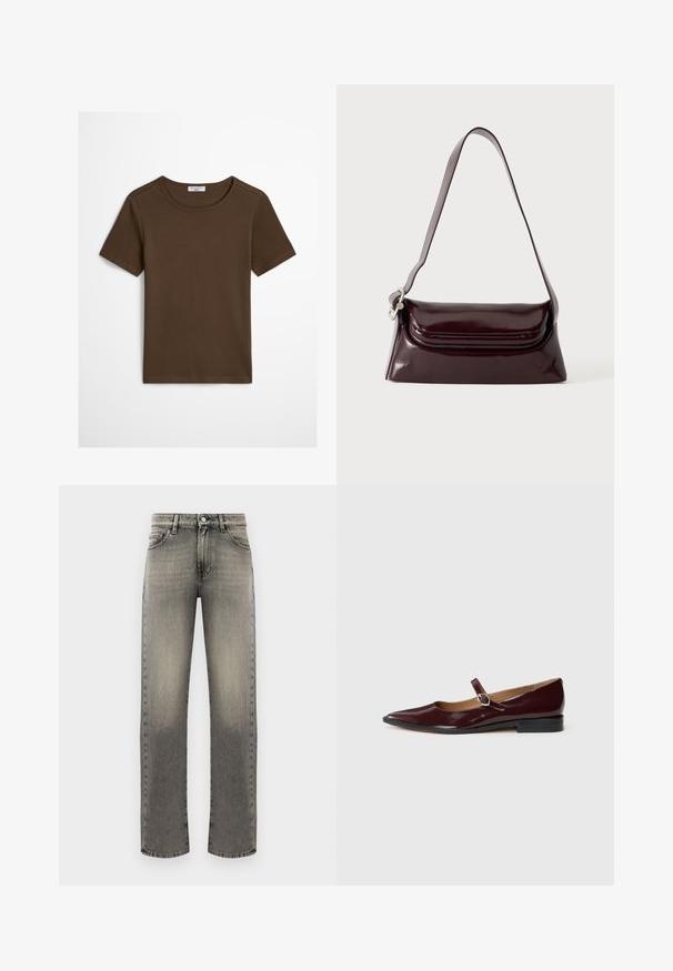 Schlichtes olivgrünes T-Shirt mit kurzen Ärmeln, Rundhalsausschnitt und geripptem Kragen sowie sichtbarem Marc O’Polo Denim Etikett im Nackenbereich.; Graue Jeans aus Denim mit geradem Bein, die ein verblasstes Muster, fünf Taschen und eine Steppnaht entlang der Nähte und des Bundes aufweisen.; Burgunder patentierte Leder-Mary-Jane-Schuhe mit einer spitzen Zehe, flachem Absatz und einem dekorativen Riemen mit einem runden Schnallenakzent.; Dunkel bordeauxrote Leder-Schultertasche mit Klappenverschluss und einem schmalen verstellbaren Riemen, präsentiert auf einem schlichten hellen Hintergrund.