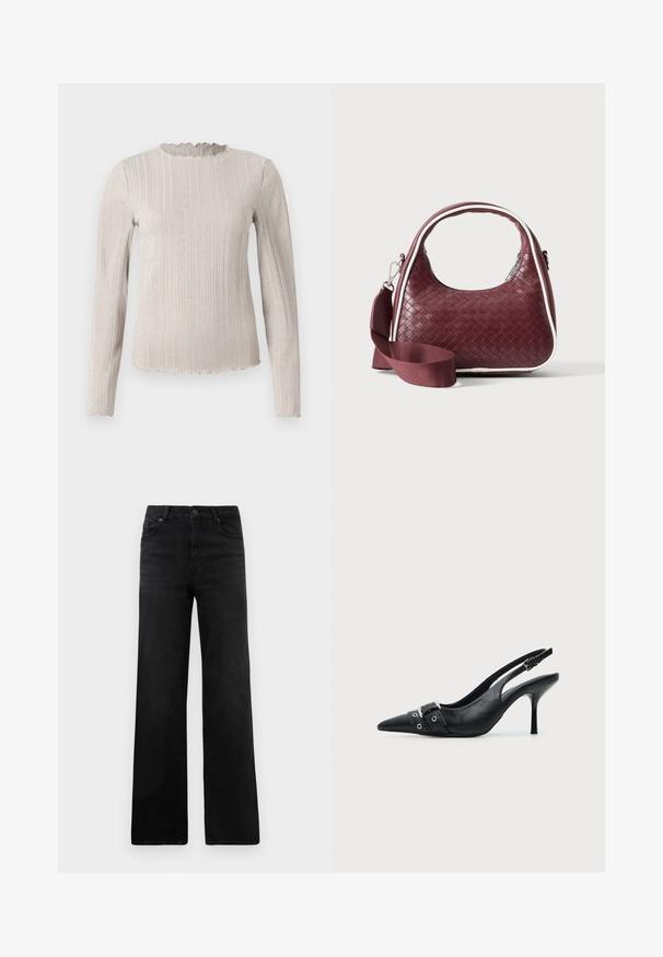 Haut à manches longues en beige clair avec une texture côtelée. Présente un décolleté festonné et un subtil éclat sur l'ensemble du tissu.; Jean en denim noir à jambe large avec un design classique à cinq poches, doté d'une fermeture à bouton et d'une texture subtile. Lignes épurées et embellissements minimalistes.; Escarpin slingback à talon haut en cuir noir avec bout pointu, boucle et détail de bride œillet à l'avant.; Sac à main en cuir tressé marron foncé avec poignée courbée, garniture blanche, fermeture éclair argentée et bandoulière large en tissu amovible sur fond uni.