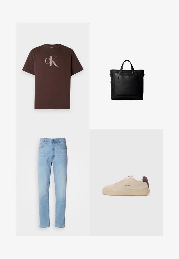 Bruin katoenen T-shirt met korte mouwen, voorzien van een groot grijs 'CK'-logo en kleinere rode tekst 'Calvin Klein'. Eenvoudig ontwerp met een ontspannen pasvorm.; Lichtblauwe denim jeans met een rechte pasvorm, vijf zakken en riemlussen. De stof heeft een gladde textuur met een lichte vervaging.; Beige suède sneakers met een ronde neus, vetersluiting aan de voorkant en een bruine suède accent op de hiel. Beschikt over een gestructureerde rubberen zool.; Zwarte tote bag met dubbele handvatten, grote voorste leren zak met ritssluiting en subtiel Calvin Klein-logo in het midden van de zak.