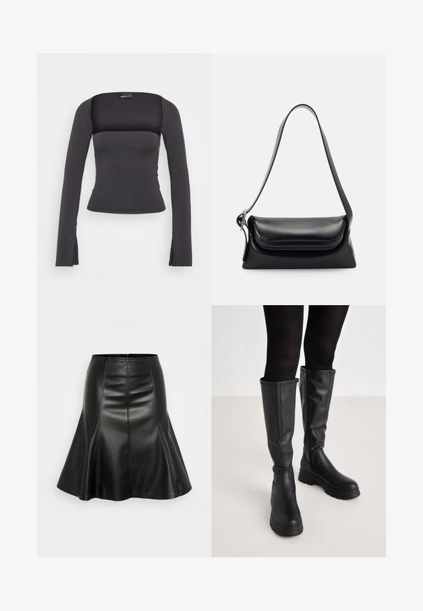 Zwarte lange mouwen top met een vierkante halslijn, getailleerde pasvorm en zijsplitten aan de zoom. Gemaakt van een gladde, rekbare stof.; ONLY ONLELLINOR SKIRT - Plooirok - black; Even&Odd by Zalando Plateaulaarzen - black; Zwarte leren handtas met een gestructureerde vorm, een gladde textuur en een enkele schouderband. Heeft een subtiele, afgeronde klepontwerp.