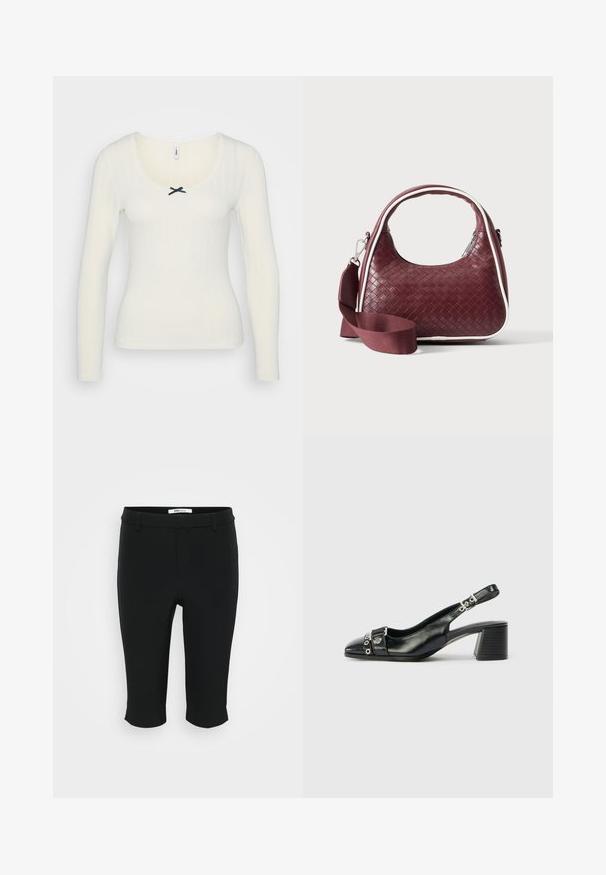 Haut à manches longues blanc avec texture côtelée, décolleté en cœur, bord en dentelle et un accent en nœud noir au centre avant. Tissu en mélange de coton.; Pantalons capri noirs en tissu lisse. Dotés d'un devant plat avec passants de ceinture et d'un ourlet coupé. Design simple sans motifs visibles.; Sandale à talon en cuir noir avec un bout pointu, une sangle texturée ornée d'accents métalliques circulaires et un talon empilé.; Sac à main en cuir tressé marron foncé avec poignée courbée, garniture blanche, fermeture éclair argentée et bandoulière large en tissu amovible sur fond uni.
