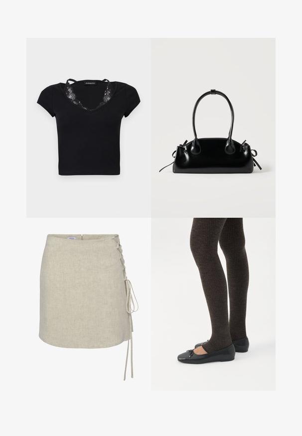 Sort kortærmet ribstrikket croptop med V-halsudsigt, blondekant og tynde skulderstropper fra mærket Even&Odd.; Beige linnedraperet nederdel med en snørredetalje på venstre side, lige snit og lynlås i ryggen. Glat, tekstureret stof.; Ben iført mørke ribbede leggings kombineret med sorte balletsko med små sløjfedetaljer på hvid baggrund.; Lille sort blank håndtaske med to lange håndtag og snøre-detaljer i siden på en ensfarvet lys baggrund.