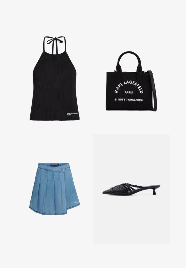Schwarzes, gestricktes Neckholder-Top mit geripptem Muster, mit einer Schnürung am Rücken und weißem "KARL LAGERFELD JEANS"-Logo am Saum.; Jeansrock in Hellblau mit gefaltetem Design, metallischem Knopfverschluss und gesticktem Detail am Saum. Glatte Textur und A-Linien-Silhouette.; Schwarzer gewebter Leder-Mule mit spitz zulaufender Spitze, niedrigem Kittenabsatz und geflochtenem Riemendetail vor weißem Hintergrund.; Schwarze Stoffhandtasche mit zwei oberen Griffen und einem abnehmbaren Schultergurt. Mit weißem Text: "KARL LAGERFELD PARIS 21 RUE ST-GUILLAUME."