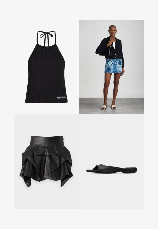 Zwarte gebreide haltertop met een geribbelde structuur, voorzien van een striksluiting aan de achterkant en een wit "KARL LAGERFELD JEANS"-logo op de zoom.; Zwarte leren minirok met hoge taille en asymmetrische gelaagde ruches.; Zwarte open-teen slide-sandaal met gestructureerde zool en minimalistisch ontwerp, zijaanzicht op een effen lichtgrijze achtergrond.; Zwarte gebreide cardigan, witte top, denimrok met blauw en zwart ruitpatroon, zwarte handtas en beige instapsandalen.