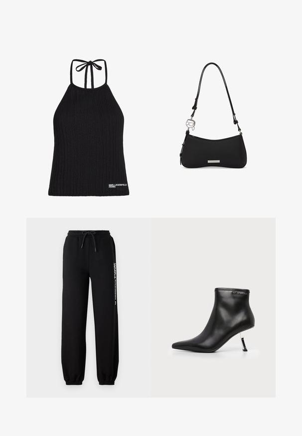 Top de punto negro tipo halter con textura acanalada, con cierre de lazo en la espalda y logo blanco "KARL LAGERFELD JEANS" en el dobladillo.; Pantalones de chándal negros con cinturilla elástica, cordón ajustable y puños ceñidos. Presenta un logo blanco impreso en el lado izquierdo.; Botín de cuero negro con puntera puntiaguda y tacón de aguja plateado brillante sobre fondo blanco.; Bolso negro de hombro con base curva, correa ajustable, placa metálica con el logo y un charm plateado con forma de cara con gafas de sol.