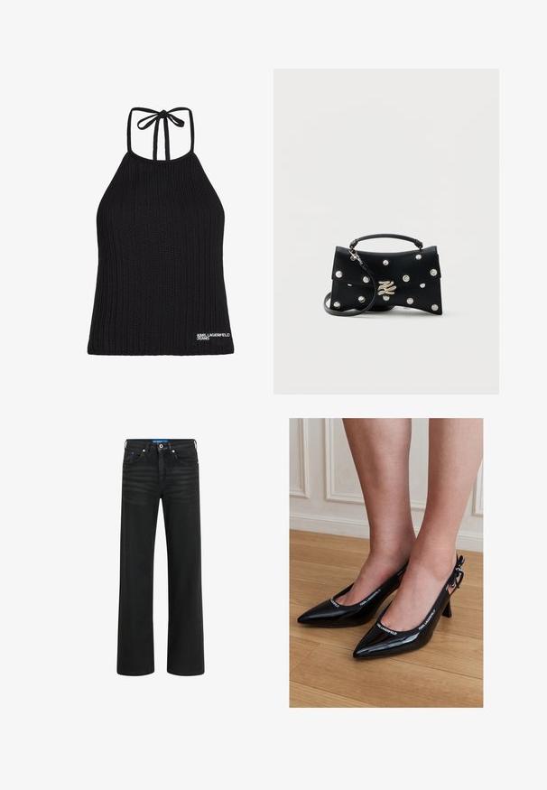 Čierny pletený halter top s rebrovanou textúrou, s uzatváraním na viazanie vzadu a bielym logom "KARL LAGERFELD JEANS" na leme.; Čierne široké nohavice z denimu, s gombíkom a zipsom, piatimi vreckami a jemným vyblednutím látky.; Čierne lodičky s lesklou kožou, s úzkou špičkou a priehlavkom s logom KARL LAGERFELD, nosené na nohách stojacich na drevenej podlahe.; Čierna kožená kabelka so striebornými nitmi, horným rúčkou, odnímateľným ramenným popruhom a striebornou dekoratívnou sponou na jednofarebnom pozadí.