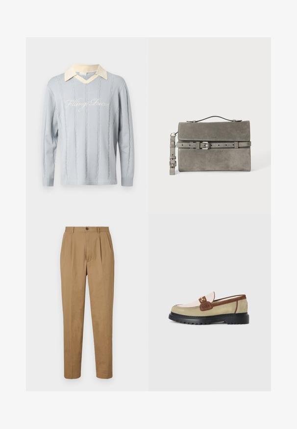 Pull en maille bleu clair avec motifs à câbles verticaux, col en V couleur crème, et texte cursif "Filling Pieces" sur la poitrine.; Pantalons plissés beiges à coupe droite, fabriqués dans un tissu lisse. Dotés d'une fermeture à bouton sur le devant et de poches latérales.; Loafer avec des panneaux en suède beige, rose clair et marron, accent en boucle en métal doré et semelle épaisse en caoutchouc noir avec un motif de crans.; Pochette rectangulaire en daim gris avec poignée supérieure, bandoulière détachable et détail de ceinture à boucle argentée sur le rabat avant.