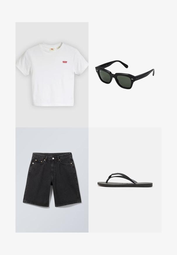 Biele tričko s krátkymi rukávmi a okrúhlym výstrihom s malým červeným logom Levi's na ľavej strane hrude.; Čierne denimové šortky s predným gombíkom, očkami na opasok a dizajnom s piatimi vreckami, zobrazné na neutrálnej sivej podkladovej ploche.; Čierne žabky s textúrovanými popruhmi a plochou gumovou podrážkou. Popruhy majú jemný lesklý detail.; Čierne slnečné okuliare štvorcového tvaru s tmavozelenými sklami, s výraznými rámami a striebornými akcentmi po stranách. Vyrobené v Taliansku.