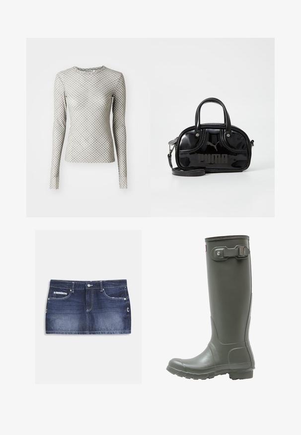 Langärmliges Oberteil in hellgrau mit einem geometrischen Diamantmuster in dunklerem Grau und grünen Akzenten, mit Rundhalsausschnitt und taillierter Form.; Jeans-Minirock in dunklem Indigo mit fünf Taschen, silbernen Details, abgesteppten Verzierungen und einem leicht ausgewaschenen Effekt am Saum.; Grüne Gummiregenstiefel bis zum Knie mit strukturiertem Sohlenprofil, runder Zehenform, verstellbarem Schnallenverschluss an der Seite und glatter Oberfläche.; Schwarze Lacklederhandtasche mit doppelten Griffen oben, abnehmbarem Schulterriemen, runder Form und hervorgehobenem geprägten "PUMA"-Logo.