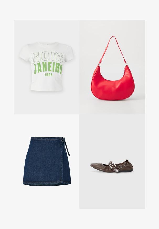 Witte katoenen crop t-shirt met groene tekst "RIO DE JANEIRO 1995," vetgedrukt lettertype, korte mouwen en een ronde halslijn.; Denimrok met een wikkelontwerp, donkerblauwe kleur en een gestrikt midden. Bevat stikdetails langs de zoom en de zijnaad.; Bruine gepatineerde leren ballerina met een spitse neus, elastische strikdetail en een zilveren gespaccent aan de zijkant. Zwarte rubberen zool.; Rode synthetische leren schoudertas met een gebogen vorm, slanke strap en een ritsluiting. Glad oppervlak met zichtbare stiksels.