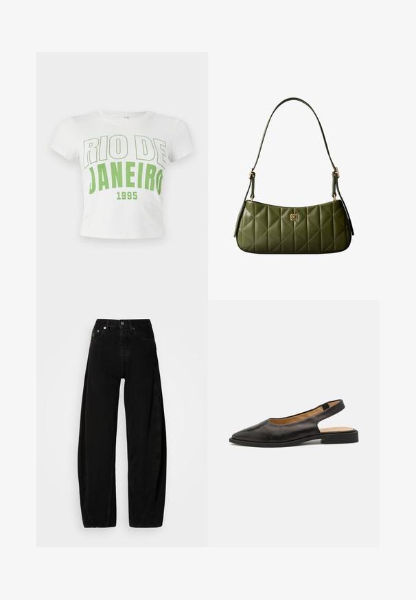 Hvid bomulds crop t-shirt med grøn tekst, der står "RIO DE JANEIRO 1995", med fed skrift, korte ærmer og en rund halsudskæring.; Sorte denim brede bukser med høj talje, der har en knaplukning, fem lommer og minimale syninger.; Sorte læderslingback-sko med spids tå, lav hæl og åben bag. Forskønnede med en glat tekstur og minimalistisk design.; Olivengrøn quiltet læder skuldertaske med et rektangulært gyldent logoemblem og justerbare stropper med spænder.