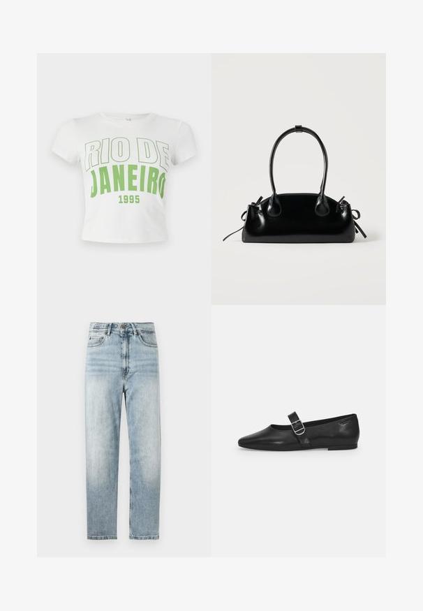 Witte katoenen crop t-shirt met groene tekst "RIO DE JANEIRO 1995," vetgedrukt lettertype, korte mouwen en een ronde halslijn.; Lichtblauwe denim jeans met een recht gesneden pijp, voorzien van een knoop- en ritssluiting, vijf zakken en subtiele vervaging.; Zwarte leren platte schoen met een ronde neus, een enkele verstelbare gespsluiting en een gladde, glanzende textuur. Minimalistisch ontwerp met een lage hak.; Kleine zwarte glanzende handtas met twee lange hengsels en zijkant trekkoord details op een effen lichte achtergrond.