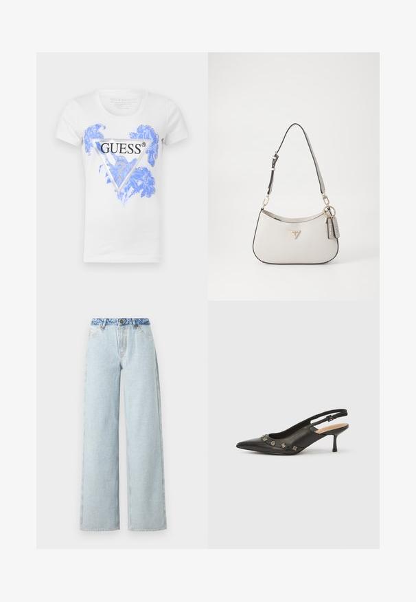 Weißes T-Shirt mit kurzen Ärmeln, das ein blaues Blumenmuster und ein schwarzes, dreieckiges Guess-Logo auf der Vorderseite zeigt. Hergestellt aus einem Baumwollmix.; Hellblaue Schlagjeans mit einer ausgewaschenen Optik, ausgestattet mit einem kontrastierenden blauen Denim-Bund und dem klassischen Fünf-Taschen-Design.; Schwarzer Leder-Pumps mit Slingback, spitzer Spitze, kleinem Absatz und dekorativen metallischen Akzenten entlang der vorderen Öffnung. Glatte Textur.; Weiße strukturierte Handtasche mit einer geschwungenen Form, goldenen Beschlägen, einem abnehmbaren Riemen und einem Logo-Detail. Enthält einen Schlüsselanhänger mit Branding.