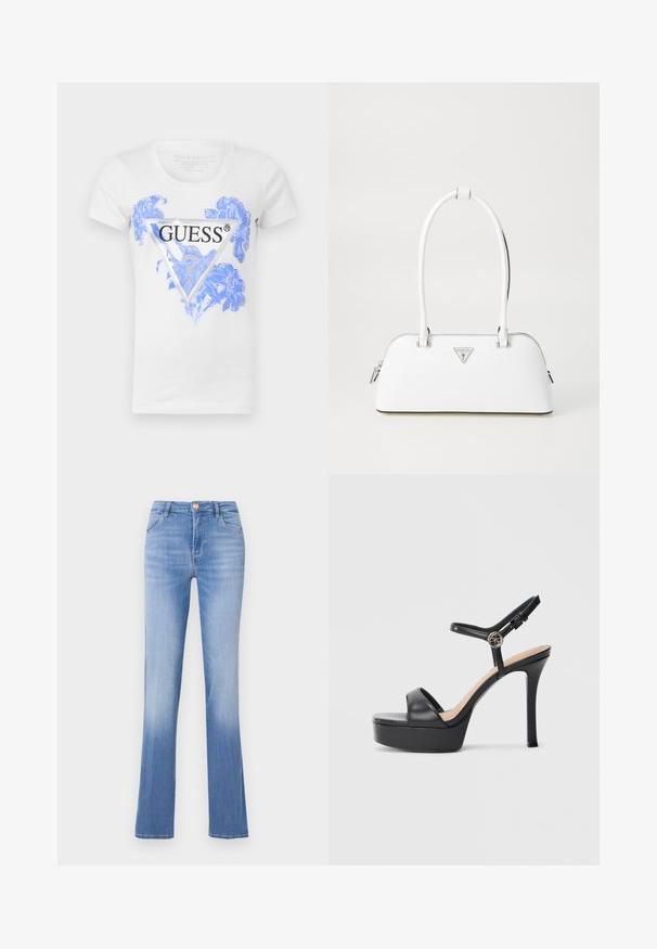 Camiseta blanca de manga corta con un diseño floral azul y un logotipo triangular negro de Guess en la parte delantera. Fabricada con una mezcla de algodón.; Jeans de denim azul claro con forma acampanada, diseño de cinco bolsillos y cierre frontal de botón. Desgastados en el dobladillo para un efecto degradado.; Sandalias de plataforma negras con tacón alto de aguja, con empeine de cuero liso, diseño de punta abierta y una correa ajustable en el tobillo con herrajes.; Bolso de cuero blanco con forma curva, que presenta un logo triangular plateado y cierre de cremallera. Textura lisa y dos asas.