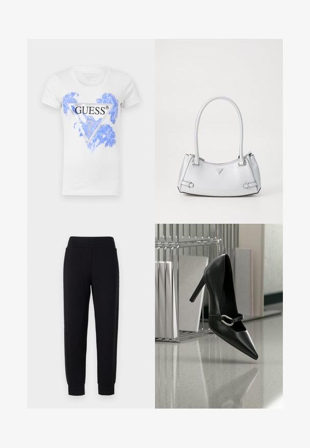 Camiseta blanca de manga corta con un diseño floral azul y un logotipo triangular negro de Guess en la parte delantera. Fabricada con una mezcla de algodón.; Pantalones deportivos negros con piernas ajustadas, que cuentan con una amplia cinturilla elástica y paneles laterales texturizados. Hechos de un material suave y elástico.; Zapato de tacón alto negro con puntera y correa con hebilla plateada, colocado sobre una superficie reflectante cerca de un organizador de archivos metálico que sostiene papeles.; Bolso de mano plateado con un diseño estructurado, que cuenta con dos asas, textura brillante, herrajes de acento y un logo triangular en la parte frontal.