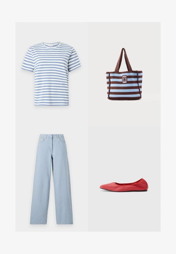 T-shirt met korte mouwen met horizontale witte en lichtblauwe strepen, ronde hals en een kleine geborduurde tekst vlakbij de zoom aan de rechterkant.; REMAIN COCOON PANTS - Wide leg - light blue; Filippa K REY FLATS - Ballerina's - bright red; Bruin en lichtblauw gestreepte gehaakte draagtas met twee handvatten en een rechthoekige geborduurde patch aan de voorkant in het midden.