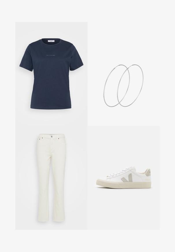 Dunkelblaues T-Shirt mit kurzen Ärmeln aus Baumwolle, ausgestattet mit einem Rundhalsausschnitt und einem kleinen "Mare O'Polo DENIM"-Logo auf der Vorderseite.; Ausgestellte weiße Jeans aus Denim mit strukturiertem Finish, Fünf-Taschen-Design, Metallknopfverschluss und subtilen Nähten an den Säumen.; Weiße Sneaker aus Leder mit grauen V-Logo-Akzenten, strukturiertem Gummiabsatz, weißen Schnürsenkeln sowie gepolstertem Zungen- und Knöchelbereich.; Silberne Creolen mit minimalistischem Design. Rundform, glatte Oberfläche und dünnes Profil. Leichtgewichtig mit hochglänzender Oberfläche.