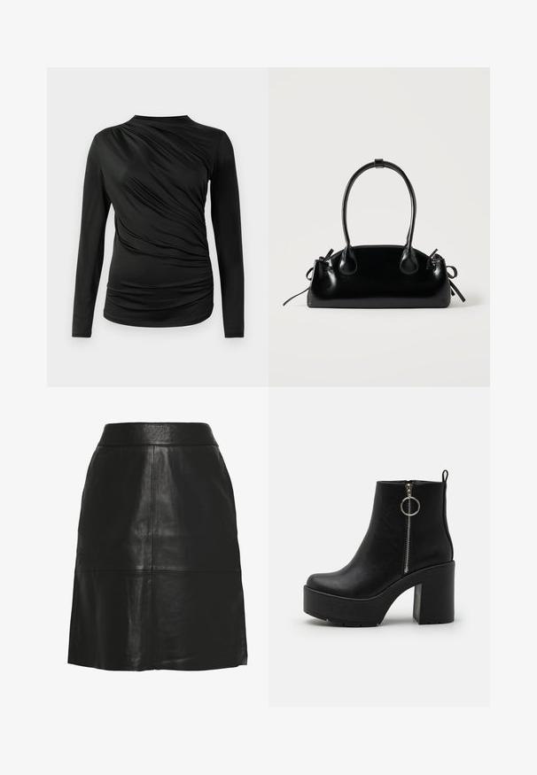 Top negro de manga larga con textura fruncida en la parte delantera, con un cuello alto y un diseño ajustado. Tejido suave y elástico.; Falda en línea A de cuero sintético negro con cintura alta y detalles de costuras visibles en la parte delantera y cerca del dobladillo.; Botines negros de piel sintética, con cremallera lateral, tacón ancho, suela de plataforma y una lengüeta en la parte posterior.; Pequeño bolso negro brillante con dos asas largas y detalles de cordón lateral sobre un fondo claro liso.