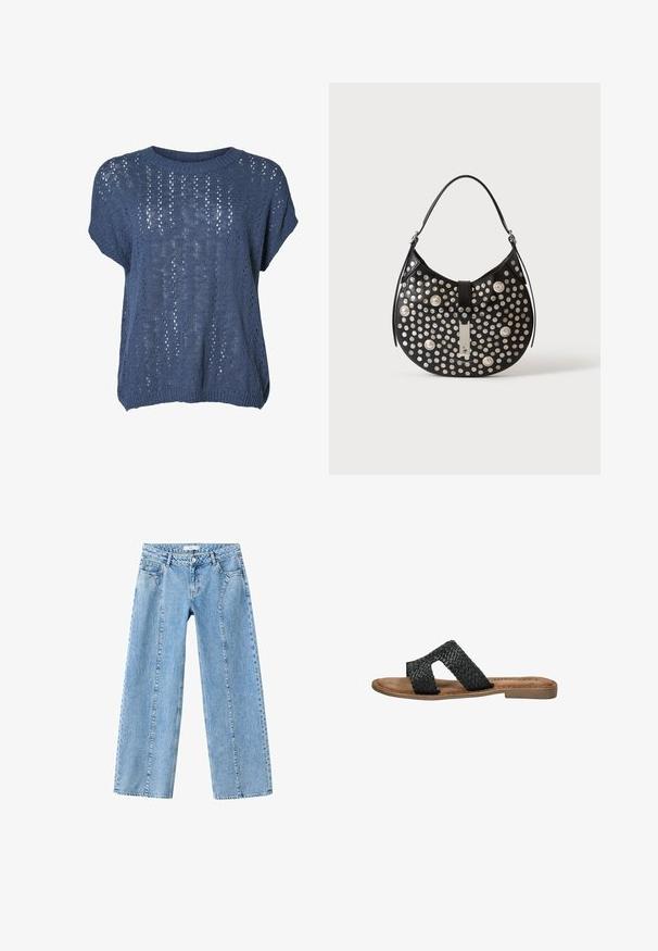 Suéter de punto de manga corta azul con un corte holgado, que presenta un patrón texturizado de agujeros verticales y un escote redondeado.; Vaqueros de denim azul claro con piernas rectas y anchas, botón delantero, cremallera, trabillas para cinturón y bolsillos delanteros y traseros.; Sandalias deslizantes de cuero trenzado negro con dos correas superpuestas, plantilla acolchada color marrón claro y una suela delgada de goma marrón.; Bolso de mano de piel negra en forma de media luna con una sola correa y tachuelas plateadas que cubren el frente, con un detalle central de cierre plateado.