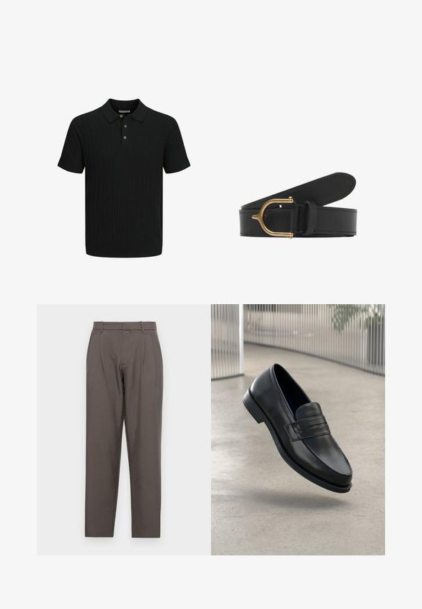 Polo à manches courtes noir avec un motif en maille torsadée texturée et trois boutons à l'avant sur la patte.; Jack & Jones Classic Wide Leg Fit - Pantalon classique - pavement; Mocassin en cuir noir à texture lisse, bout pointu et bande décorative sur le cou-de-pied. Semelle légère, design minimaliste.; Ceinture en cuir noir avec une finition texturée. Dotée d'une boucle en métal doré et de détails cousus le long des bords. Taille ajustable.