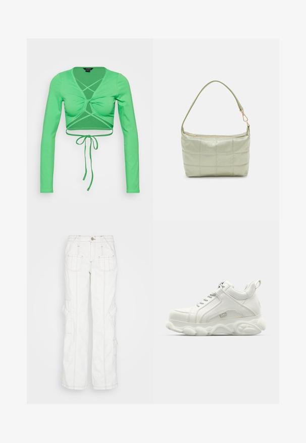 Monki T-shirt à manches longues - green; BDG Urban Outfitters Jean boyfriend - white; Baskets blanches de sport avec une tige en cuir lisse, une semelle arrondie et un accent texturé. Comprend des lacets et une languette à l'arrière.; Sac vert rembourré avec une texture douce, de forme rectangulaire, à une bandoulière, et fermeture à glissière dorée. Présente un motif matelassé.