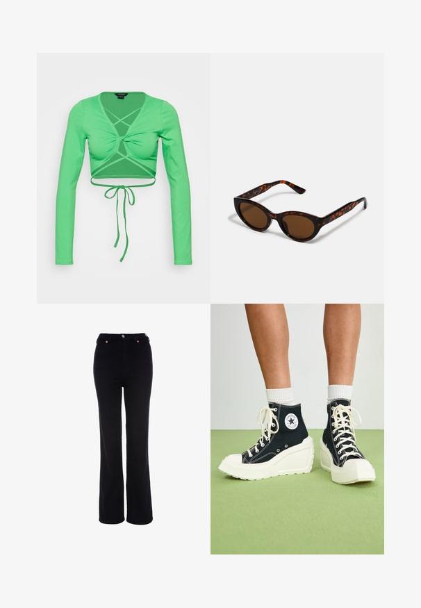 Monki Langærmet T-shirt - green; Sorte bukser med højt liv og lige ben med knap- og lynlåslukning, bæltestropper og forlommer.; Sorte højtop sneakers med en hævet hvid platform sål, der har hvide snørebånd og en rund logo lap på siden. Tekstureret canvas materiale.; Brune skildpadde solbriller med en vintage katteøje-form og brune linser. Har buede arme med røde detaljer.