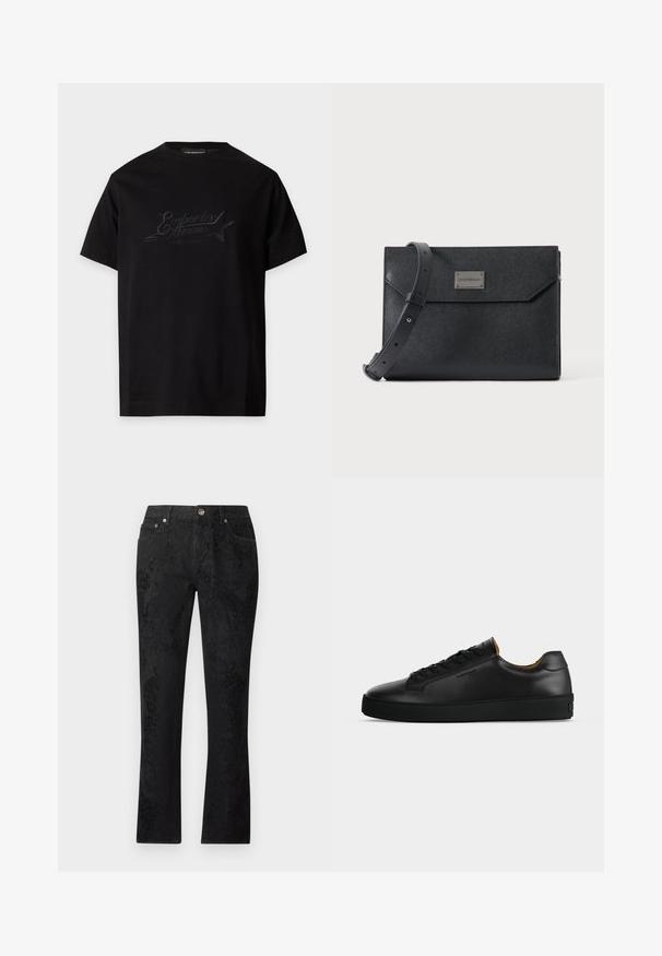 T-shirt noir à manches courtes avec un logo Emporio Armani Music District noir brodé subtilement et une étoile sur la poitrine.; Jean noir à jambes droites avec un motif jacquard floral subtil, bouton à l'avant, passants de ceinture, et conception à cinq poches.; Basket basse en cuir noir avec lacets noirs, semelle en caoutchouc texturée et petit logo embossé sur le côté, présenté de profil sur fond gris.; Sac bandoulière en cuir noir texturé avec sangle réglable et plaque logo métallique à l'avant, fermeture à rabat rectangulaire de style enveloppe.