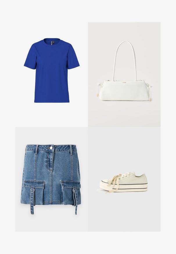 Ensfarvet kongeblå t-shirt med korte ærmer og rund halsudskæring, afslappet pasform med synlige tøjmærker inde i halsudskæringen.; Lysblå denim mini nederdel med høj talje, frontlukning med knapper og to forlommer med justerbare stropper.; Lav, cremefarvet sneaker med tyk sål, sorte striber, rund snude og brede cremefarvede satin snørebånd bundet i en sløjfe, vist fra siden.; Hvid rektangulær skuldertaske med lang rem, snøre detaljer i siden og lille guld brandlogo på frontens midte.