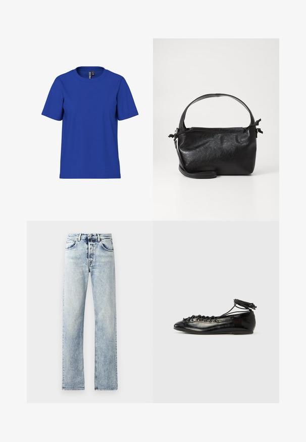 Schlichtes königsblaues T-Shirt mit kurzen Ärmeln und Rundhalsausschnitt, legere Passform mit sichtbaren Markenetiketten im inneren Nackenbereich.; Hellblaue Denim-Jeans mit gerader Beinform. Merkmale sind fünf Taschen, Gürtelschlaufen und ein ausgefranster Saum am unteren Ende.; Schwarze Ballerinas aus Lackleder mit runder Spitze, Schnürdesign und flacher Sohle. Glatte Textur mit minimaler Verzierung.; Schwarze Lederhandtasche mit strukturiertem Design, rundem Haltegriff und abnehmbarem Schulterriemen. Sie weist eine glatte Oberfläche und einen subtilen Glanz auf.