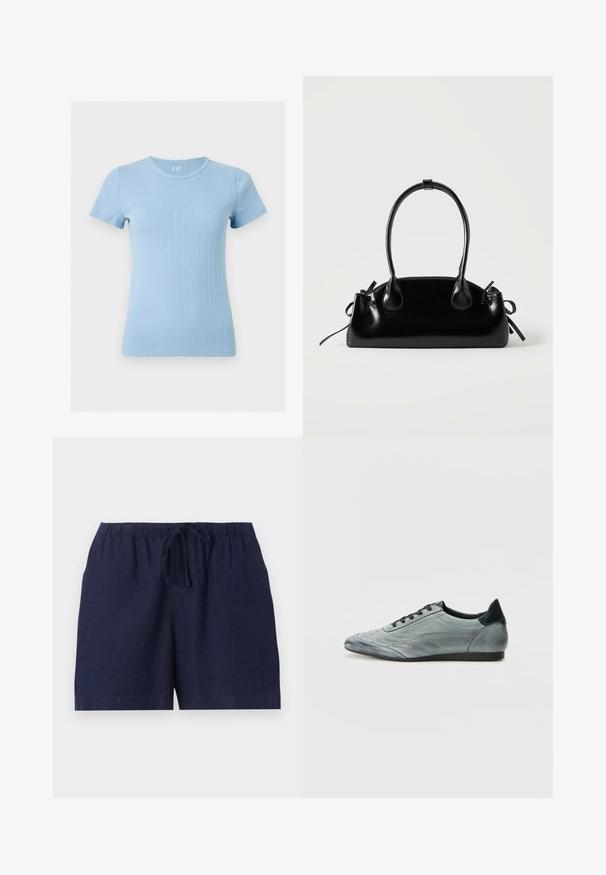 Top en maille côtelée bleu clair à manches courtes, col rond, silhouette ajustée et texture subtile à rayures verticales perforées.; Shorts décontractés bleu marine avec taille élastique et cordon réglable, fabriqués en tissu léger.; Baskets en cuir gris clair au design épuré, avec des détails cousus, des lacets noirs et un accent de talon foncé. Semelle en caoutchouc.; Petit sac à main noir brillant avec deux longues anses et des détails à cordon sur les côtés sur un fond clair uni.