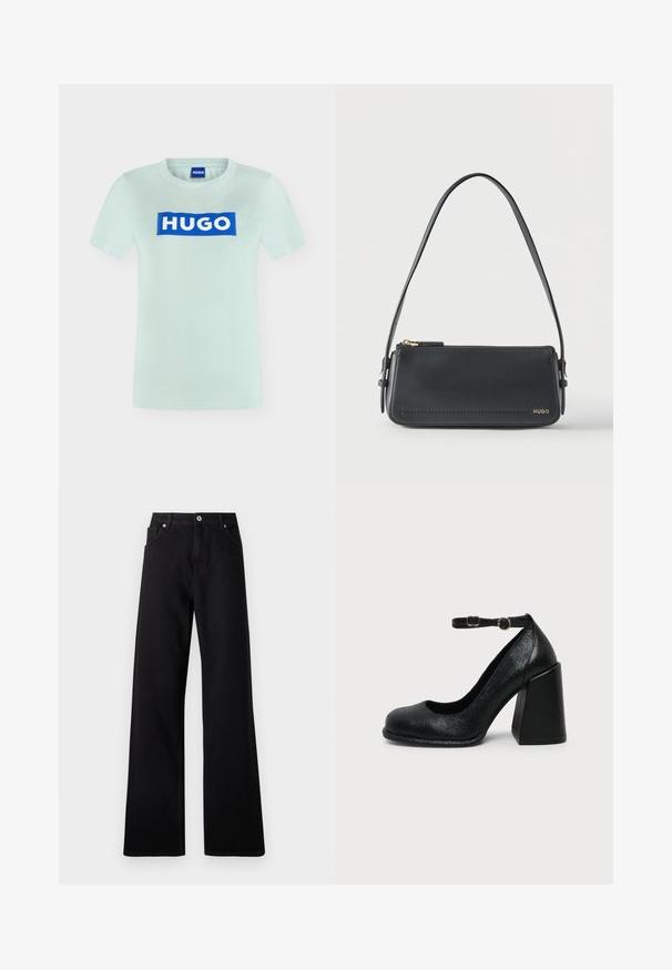 Lichtblauw T-shirt met korte mouwen en een blauw rechthoekig logo in het midden met daarop "HUGO" in witte letters.; Zwarte wide-leg jeans van denim met een vijf-pockets ontwerp, voorste knoopsluiting en subtiele stikdetails.; Zwarte leren hoge hak met afgeronde neus en verstelbare enkelband met gouden gesp op een effen lichte achtergrond.; Zwarte rechthoekige lederen schoudertas met gouden ritssluiting en klein goudkleurig "HUGO"-logo aan de voorkant, voorzien van een verstelbare riem met gesp.