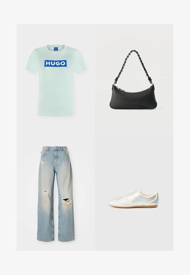Lichtblauw T-shirt met korte mouwen en een blauw rechthoekig logo in het midden met daarop "HUGO" in witte letters.; Lichtblauwe rechte spijkerbroek met hoge taille, riemlussen en versleten scheuren op de linker bovenbeen, rechterknie en onder linkerpijp.; Zilverkleurige synthetische sneakers met crème accenten, laag profiel, afgeronde neus en platte rubberen zool; voorzien van klassieke stiksels en vetersluiting.; Zwarte lederen schoudertas met een gebogen rechthoekige vorm, gouden ketting verweven in een gevlochten zwarte band, en een ritssluiting bovenop.