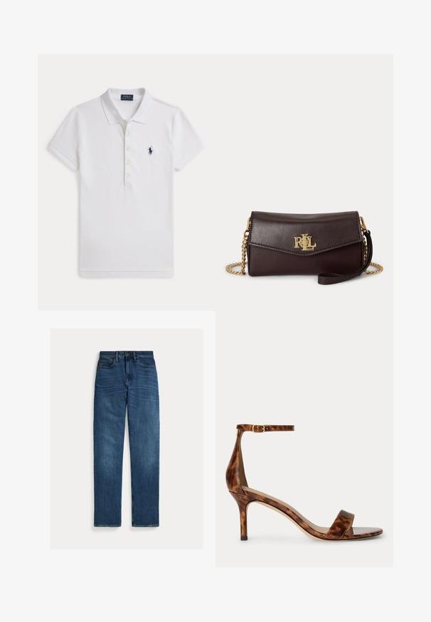 Weißes Poloshirt mit kurzen Ärmeln, Kragen, fünf Knöpfen und kleinem dunkelblauem Polospieler-Logo auf der linken Brust.; Straight-leg blaue Denim-Jeans mit fünf Taschen, Knopfverschluss und subtilen Verwaschungen an Oberschenkeln und Knien, flach auf weißem Hintergrund gelegt.; Braune Schildpatt-Sandalette mit hohem Absatz, schmalem Knöchelriemen und Schnalle, offener Spitze und mittelhohem Absatz.; Dunkelbraune Lederclutch mit goldener Kettenriemen und goldenem "RLL" Logo auf der Vorderklappe, vor schlichtem weißem Hintergrund.