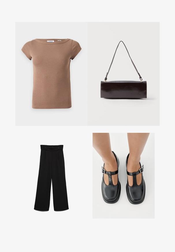 Braunes, geripptes Kurzarmshirt mit U-Boot-Ausschnitt. Weicher, elastischer Stoff mit figurbetonter Silhouette und minimalistischem Design. Keine sichtbaren Logos.; Schwarze, weit geschnittene Hosen mit hohem Bund, ausgestattet mit zwei vorderen Knöpfen und einer glatten Textur. Gerader Schnitt mit Falten an der Vorderseite.; Schwarze Lederschuhe mit T-Riemen-Design, geschlossenem Zehenbereich und silbernen Schnallenakzenten. Glatte Textur mit rundem Zehenbereich und flacher Sohle.; Rechteckige schwarze Ledertasche mit einem einzelnen langen Riemen und glänzendem Finish, vor einem schlichten weißen Hintergrund präsentiert.