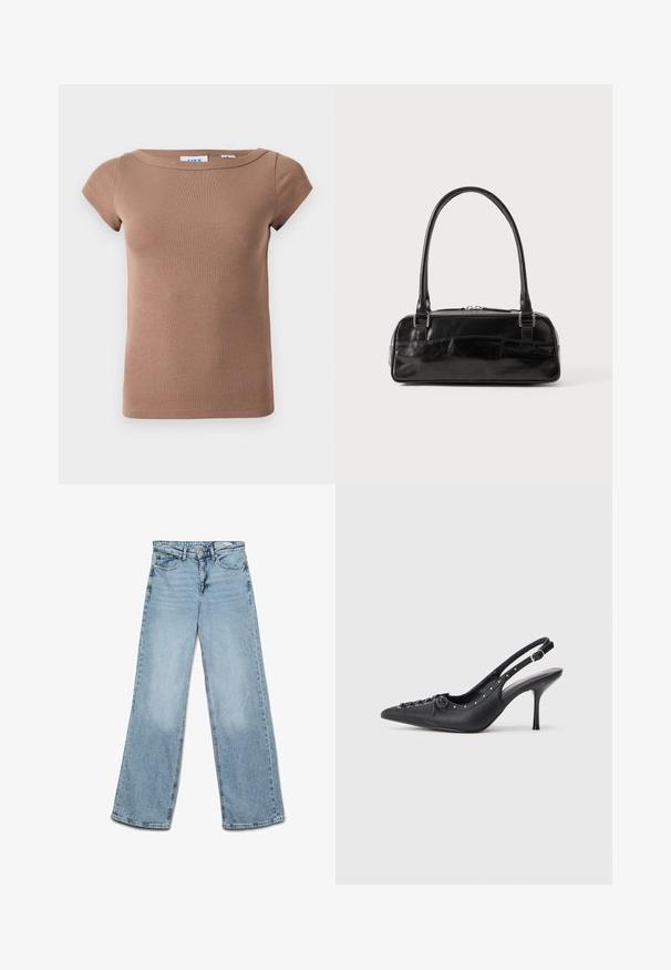 Brun, ribbet kortærmet top med bådudskæring. Blødt, strækbart stof med en tætsiddende silhuet og minimalistisk design. Ingen synlige logoer.; Lyseblå højtaljede jeans med vide ben, knap- og lynlås-lukning, for- og baglommer samt bæltestropper.; Sorte læder slingback stiletto med spids tå, side spændebånd, nitter langs kanten og dekorativ snøring foran.; Sort læderhåndtaske med rektangulær form, der har et enkelt struktureret håndtag, sølvhardware og lynlås-lukning. Glat tekstur.