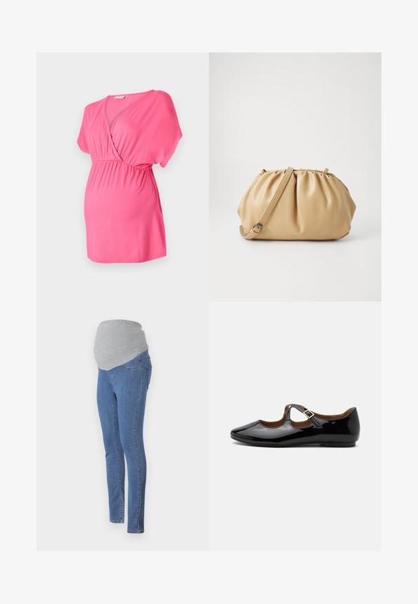 Roze zwangerschapsblouse gemaakt van zachte stof, met een kruislings V-halsontwerp, korte mouwen en een elastische taille voor comfort.; Zwangerschapsjeans met een fitted ontwerp, blauwe denimstof en een zachte grijze jersey tailleband voor comfort. Inclusief achterzakken en een slim fit.; Zwarte lakleren Mary Jane platte schoen met twee uitsparingen en een gouden gespbandje op een witte achtergrond.; Tan leren handtas met een geplooid ontwerp, verstelbare schouderriem en een ronde vorm. Minimalistische branding op het vooroppervlak.