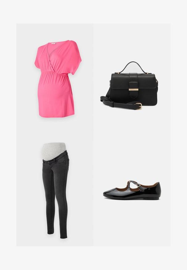 Roze zwangerschapsblouse gemaakt van zachte stof, met een kruislings V-halsontwerp, korte mouwen en een elastische taille voor comfort.; Zwangere spijkerbroek in donkergrijs denim met een zachte, grijze elastische tailleband voor comfort. Slanke pasvorm met standaard zakken.; Zwarte lakleren Mary Jane platte schoen met twee uitsparingen en een gouden gespbandje op een witte achtergrond.; Zwarte leren handtas met gouden metalen accenten, rechthoekige vorm, flapsluiting, verstelbare schouderriem, soepele textuur, minimalistisch design.