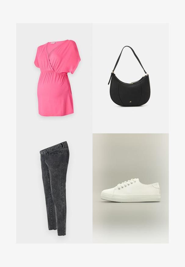Rosa graviditetstop lavet af blødt stof, med crossover V-halsdesign, korte ærmer og elastisk talje for komfort.; MAMALICIOUS Slim fit Mid waist Raw hems - Jeans Slim Fit - grey denim; Hvid lavtop sneaker med hvide snørebånd og gummisål vist fra siden på en neutral baggrund.; Sort læderhåndtaske med en buet form, struktureret overflade, forreste syninger og et logo i guldfarve. Har en enkelt justerbar rem.