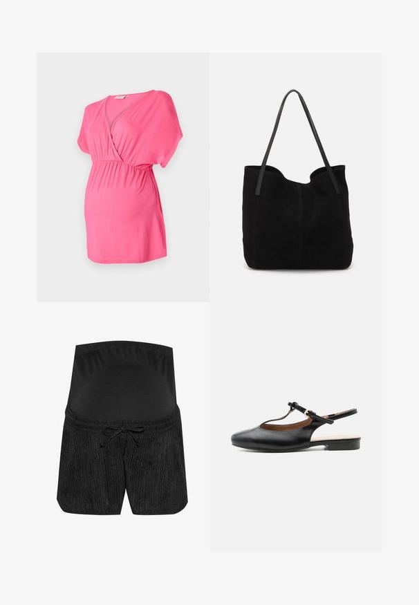 Rosa graviditetstop lavet af blødt stof, med crossover V-halsdesign, korte ærmer og elastisk talje for komfort.; Sorte graviditetsshorts med et tekstureret design, snørelukning i taljen og en glat, elastisk talje. Blødt stof for komfort.; Sort læder flad slingback-sko med T-rem og guldlås på neutral baggrund.; Sort ruskinds totemed med to lange, flade læderremme. Har en buet topkant og synlige stikninger langs forsiden. Ingen hardware-dekorationer.