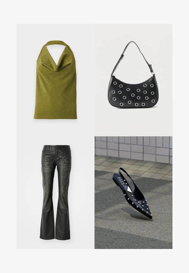 Mouwloze olijfgroene haltertop met een gedrapeerde halslijn en subtiele metallic glans, afgebeeld tegen een witte achtergrond.; Zwarte nepleer flared jeans met voorzakken, een metalen knoopsluiting en een licht gestructureerd oppervlak. Rechte pijpen met een lange snit.; Zwarte puntige slingback schoen van glad materiaal, voorzien van zilveren studs, een platte zool en een logo op het voetbed.; Zwarte leren schoudertas met verstelbare riem, voorzien van zilveren metalen oogjes en een ritssluiting bovenaan.