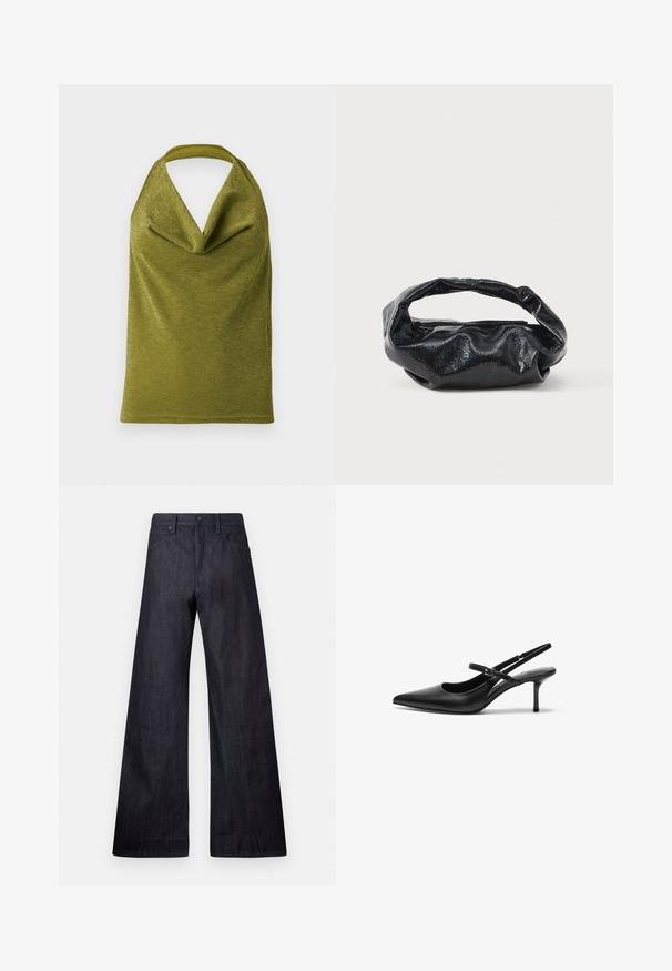 Haut sans manches vert olive à col licou drapé avec un subtil éclat métallique, présenté sur fond blanc.; Jean en denim noir à jambe large présentant une texture lisse, un design traditionnel à cinq poches et un léger éclat, avec une fermeture à bouton.; Talons aiguilles noires en cuir avec un bout pointu, une fine bride réglable, et un talon aiguille d'environ 5 cm, texture lisse.; Sac noir en matériau texturé et brillant avec une poignée circulaire torsadée et une fermeture éclair. Présente un design doux et froissé.