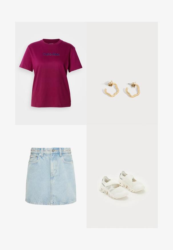 Magenta Baumwoll-T-Shirt mit kurzen Ärmeln und Rundhalsausschnitt, mit "Calvin Klein" in Blau auf der Brust gestickt.; Hellblauer Jeans-Minirock mit Vordertaschen, Gürtelschlaufen und Calvin Klein-Logo auf dem Bund und an der kleinen Vordertasche.; Weiße Mesh-Sportschuhe mit einem Riemenverschluss, gepolstertem Knöchelbereich und einem markanten, geschwungenen Sohlen-Design mit ausgehöhlten Abschnitten.; Paar kleine goldene wellenförmige Creolen mit Stecker-Verschluss vor hellem grauem Hintergrund.