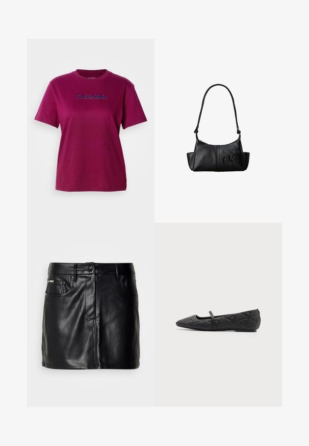 Magenta Baumwoll-T-Shirt mit kurzen Ärmeln und Rundhalsausschnitt, mit "Calvin Klein" in Blau auf der Brust gestickt.; Schwarzer Leder-Minirock mit tailliertem Design, ausgestattet mit frontalen Taschen, einem Knopfverschluss und glatter Textur.; Schwarzer flacher Schuh mit spitzer Spitze, gestepptem geometrischem Muster und dünnem Riemen über dem Spann vor einfarbigem Hintergrund.; Schwarze Leder-Schultertasche mit langem Träger, Seitentaschen und eingeprägtem Calvin Klein-Logo auf der Vorderseite.