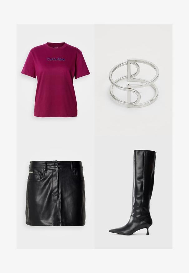 Magenta bomulds t-shirt med korte ærmer og rund halsudskæring, med "Calvin Klein" broderet i blå over brystet.; Sort læder mini-nederdel med skræddersyet design, der har forlommer, knaplukning og en glat overflade.; Sorte læder knæhøje støvler med spids tå og slank buet hæl. Glat tekstur, tætsiddende design og ingen synlig hardware eller mønstre.; Sølv metal armbånd med en dobbeltloopdesign, der har en glat, blank overflade og en minimalistisk geometrisk accent.