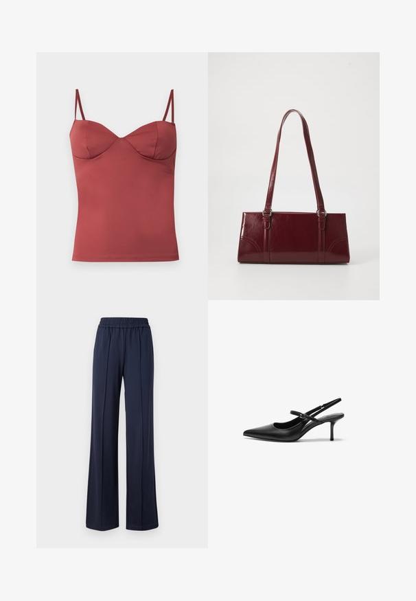 Ærmeløs rust-rød camisole top med tætsiddende brystskåle og tynde justerbare skulderstropper mod ensfarvet baggrund.; Mørkeblå, bredbenede bukser med elastisk talje, lavet af et blødt, glat stof. Har rene linjer og en afslappet silhuet.; Sorte læder slingback hæle med spids tå, slank justerbar rem og en stiletto hæl på cirka 5 cm, glat tekstur.; Bordeaux håndtaske lavet af glansfuldt materiale, rektangulær form, med to skulderremme og subtile buede detaljer på forsiden.