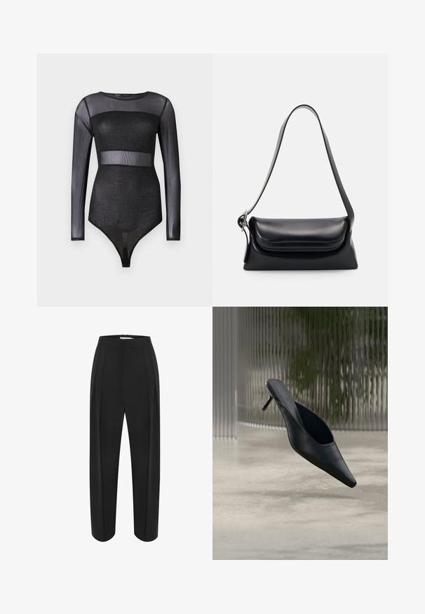 Schwarzer transparenter langärmeliger Body mit undurchsichtigem, glitzerndem Einsatz über der Brust und Taille, enganliegender Schnitt, runder Ausschnitt.; Schwarze weit geschnittene Hose mit hoher Taille, aus einem glatten Material und mit zwei vorderen Falten. Entworfen in einem klaren, maßgeschneiderten Schnitt.; Schwarzer spitzer Mule-Schuh mit dünnem hohen Absatz, der über einem glatten Betonboden schwebt, mit einem unscharfen vertikal gestreiften Hintergrund.; Schwarze Lederhandtasche mit strukturiertem Design, glatter Textur und einem einzelnen Schulterriemen. Verfügt über ein dezentes, abgerundetes Klappendesign.