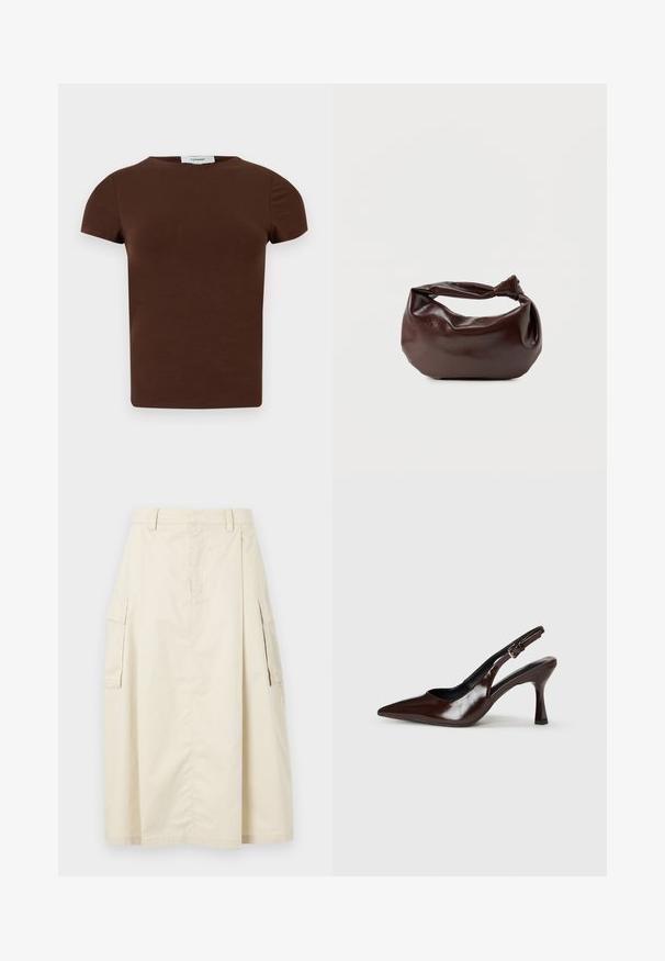 Brun T-shirt med korte ærmer, rund hals og ensfarvet design med et Topshop-mærke ved halsudskæringen.; Beige, knælængde nederdel lavet af bomuld. Har to sidelommer og en frontfold, med en elastisk talje og skjult lynlås.; Brune patenterede læderslingback-sandaletter med spids tå, en tynd hæl og justerbar rem med en lille spænde.; Mørkebrun læder skuldertaske med en blød, afslappet form og et snoet knudehåndtag på en ensartet hvid baggrund.