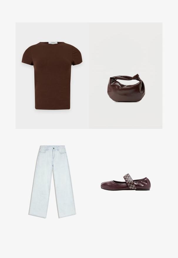 Hnedé tričko s krátkymi rukávmi a okrúhlym výstrihom, jednoduchým dizajnom a štítkom Topshop na krku.; Svetlomodré rifle s širokými nohavicami, predným zapínaním na gombík a zips, očkami na opasok a päťvreckovým strihom, položené na bielom pozadí.; Bordová kožená balerínka s okrúhlou špičkou, elastickým pásikom s striebornými okami a jemne nazhŕňanou pätou pre väčší komfort.; Tmavohnedá kožená kabelka cez rameno s mäkkým, voľným tvarom a držadlom v podobe skrúteného uzla na jednoduchom bielom pozadí.
